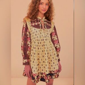 FARM RIO‎ Ainika Maxi Floral Cream Open Yoke Mini Dress XXS